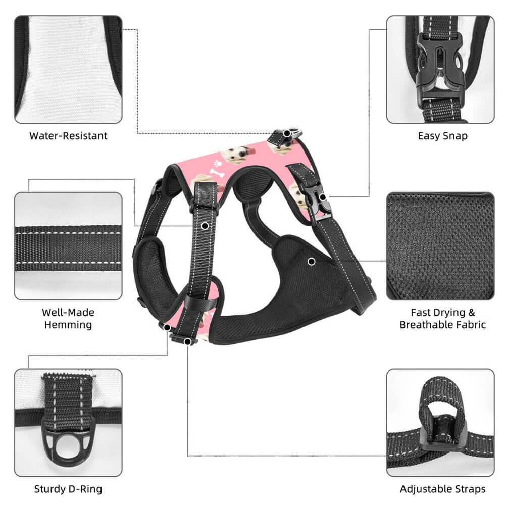 Custom dog harness features including water-resistant, breathable fabric, and sturdy D-ring pink