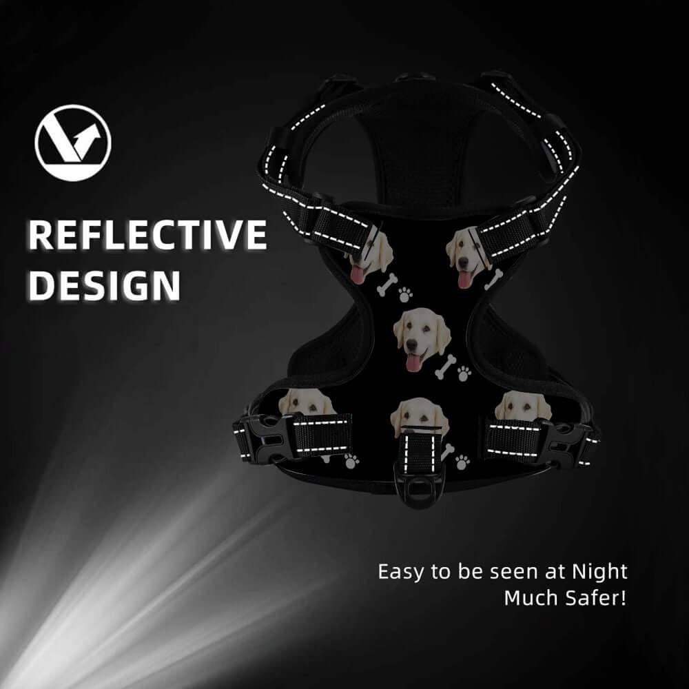 Night view of reflective black dog harness with custom dog face design