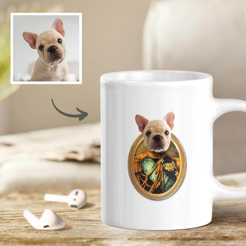 Personalized dog photo printed as royal military portrait on white ceramic mug – ideal gift for pet lovers