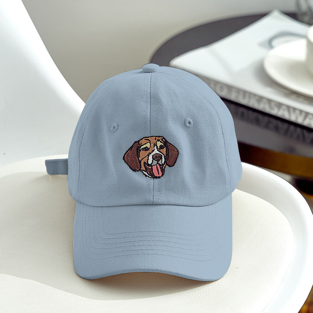 Light Blue custom hat with embroidered dog face, a unique gift idea for pet lovers