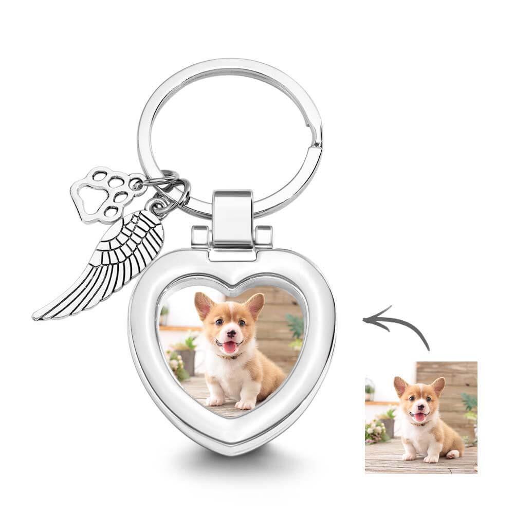 Silver heart keychain with custom pet photo and memorial charms