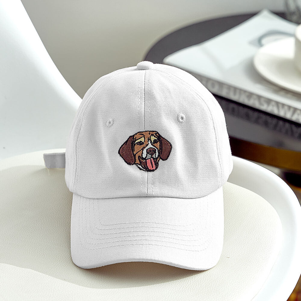 White custom hat with embroidered dog face, a unique gift idea for pet lovers